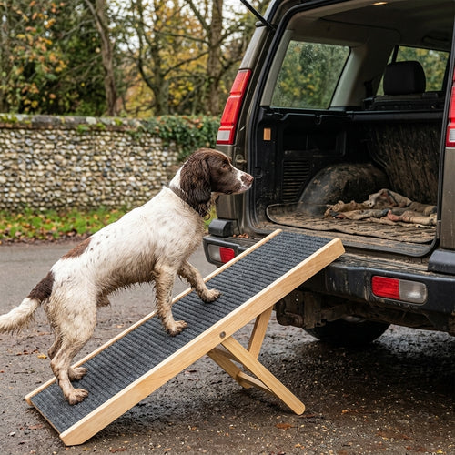 Adjustable wooden dog ramp, three heights, in use