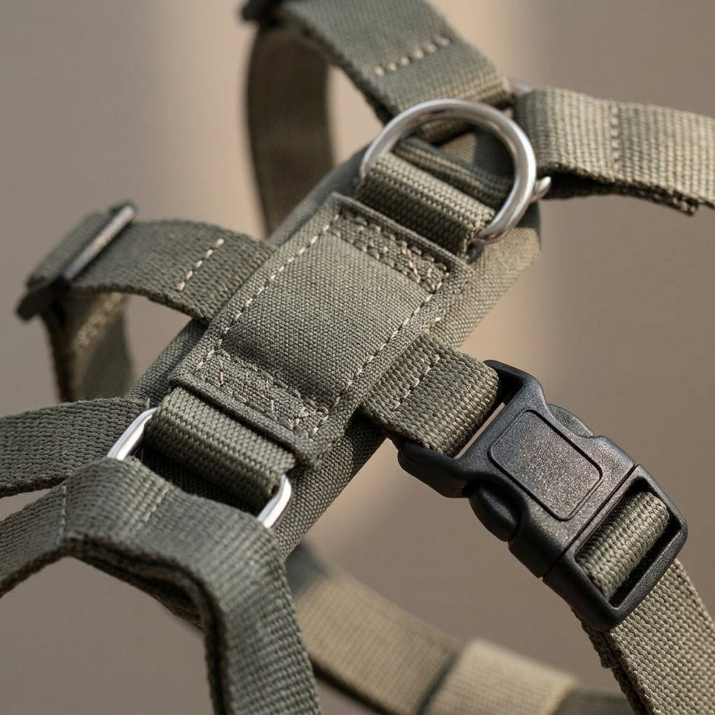 Escape proof dog harness, padded with top handle, reflective, Olive Gray, detail