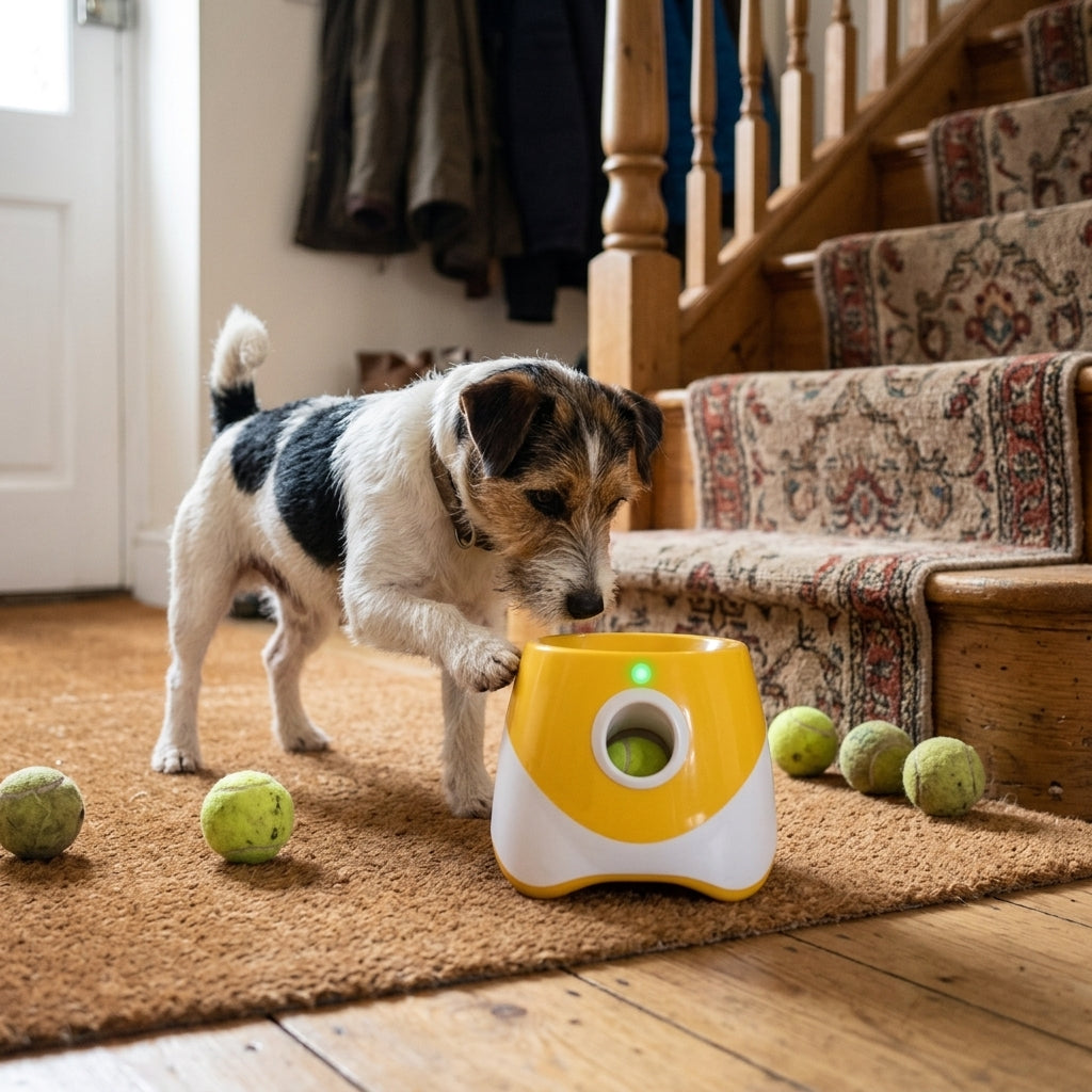 Automatic ball launcher, adjustable distance, in use