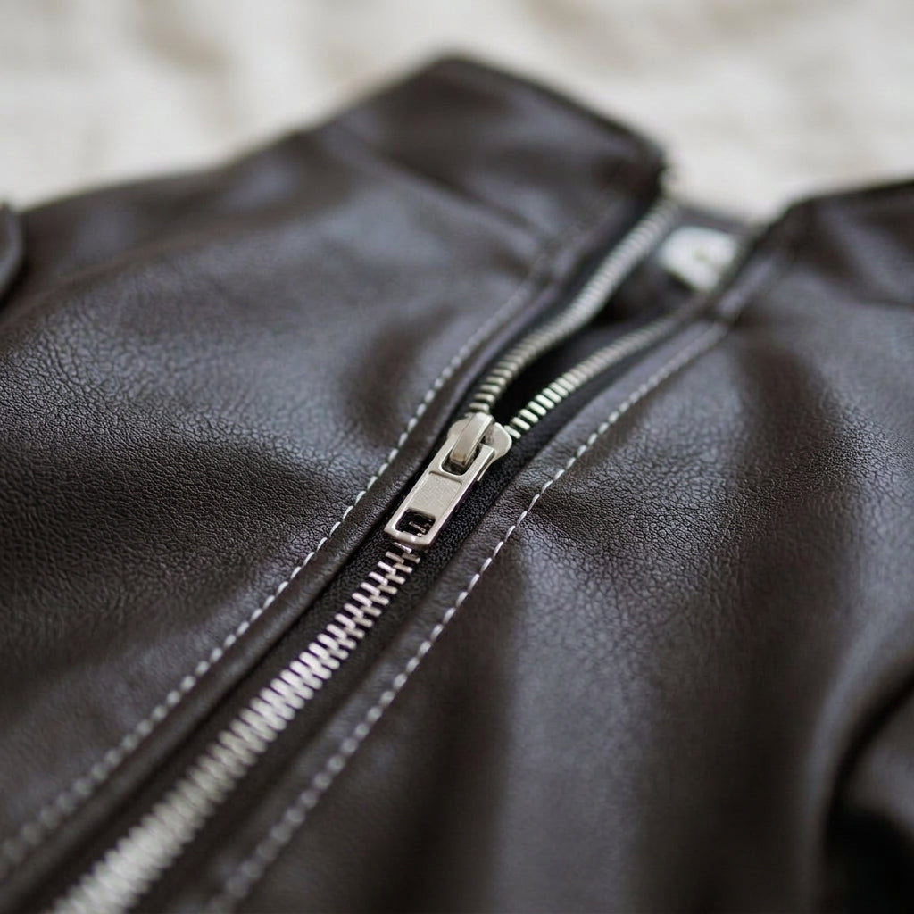 Dog faux leather jacket, fleece lined bomber coat, machine washable, Autumn weight, detail