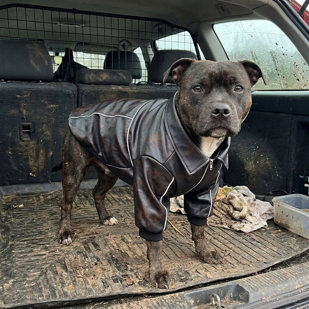 Dog faux leather jacket, fleece lined bomber coat, machine washable, Autumn weight
