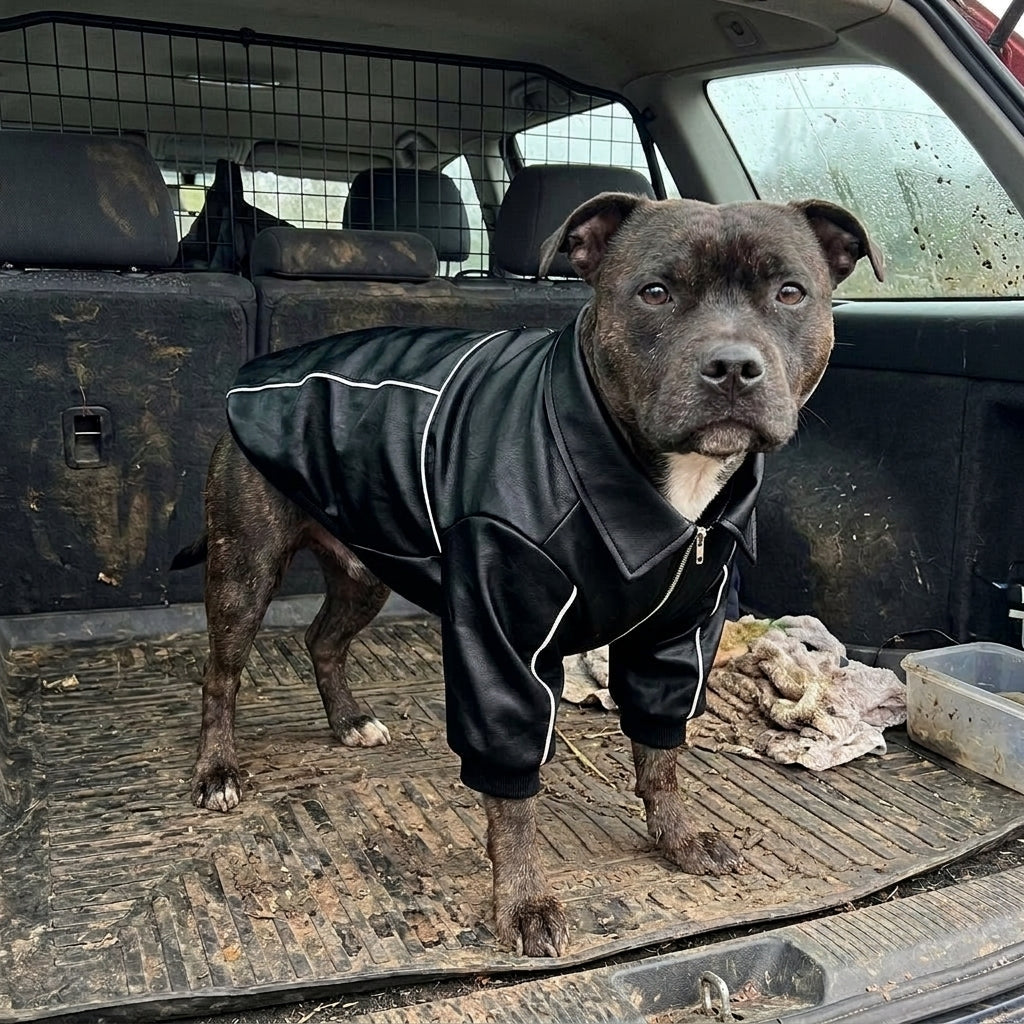 Dog Jacket Leather: Dog faux leather jacket, fleece lined bomber coat, machine washable, Thickened