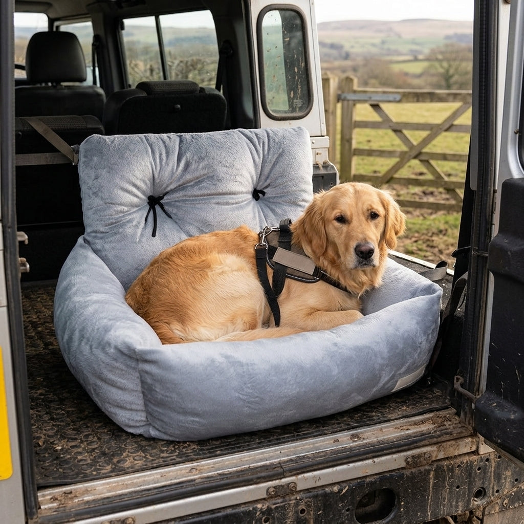 Dog Car Booster Seat, Raised Travel Bed with Safety Tether, Extra Plush