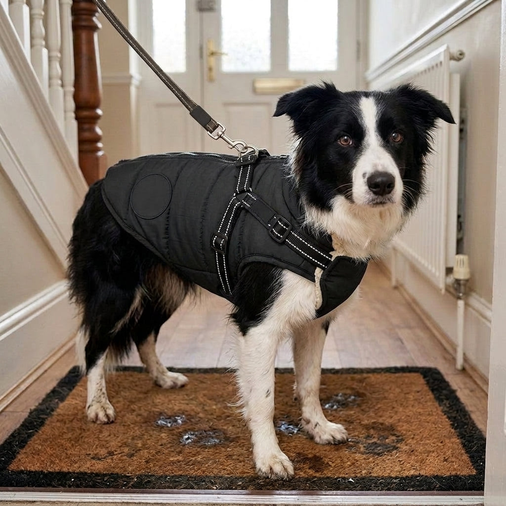 Waterproof dog coat, integrated harness, reflective padded shell, Black