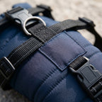 Waterproof dog coat, integrated harness, reflective padded shell, Dark Blue, detail
