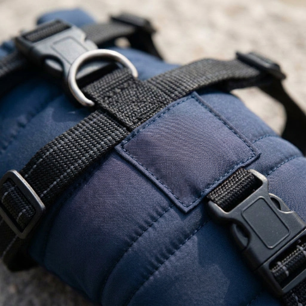 Waterproof dog coat, integrated harness, reflective padded shell, Dark Blue, detail