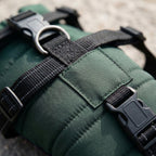 Waterproof dog coat, integrated harness, reflective padded shell, Green, detail