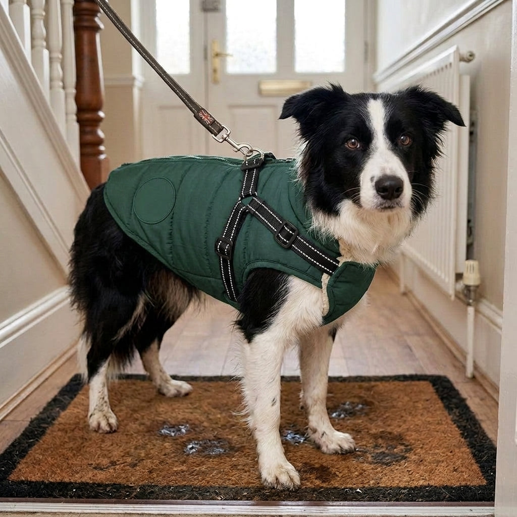 Waterproof dog coat, integrated harness, reflective padded shell, Green