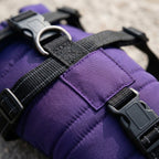 Waterproof dog coat, integrated harness, reflective padded shell, Purple, detail