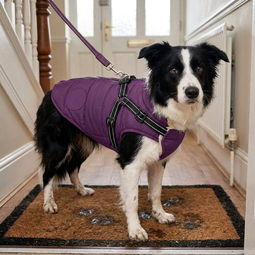 Waterproof dog coat, integrated harness, reflective padded shell, Purple