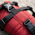 Waterproof dog coat, integrated harness, reflective padded shell, Red, detail