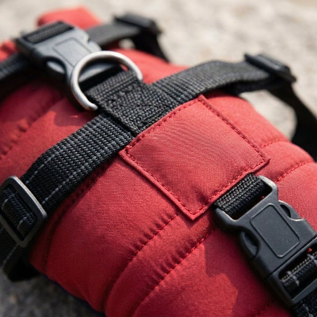 Waterproof dog coat, integrated harness, reflective padded shell, Red, detail