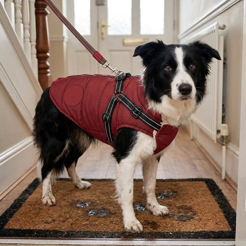 Waterproof dog coat, integrated harness, reflective padded shell, Red