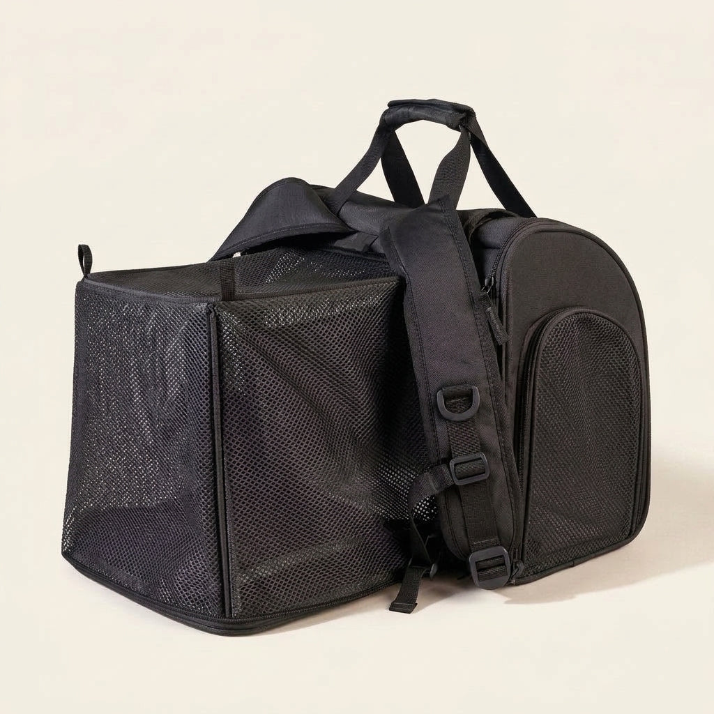 Dog backpack carrier, expandable fold out mesh for small dogs, Black, studio