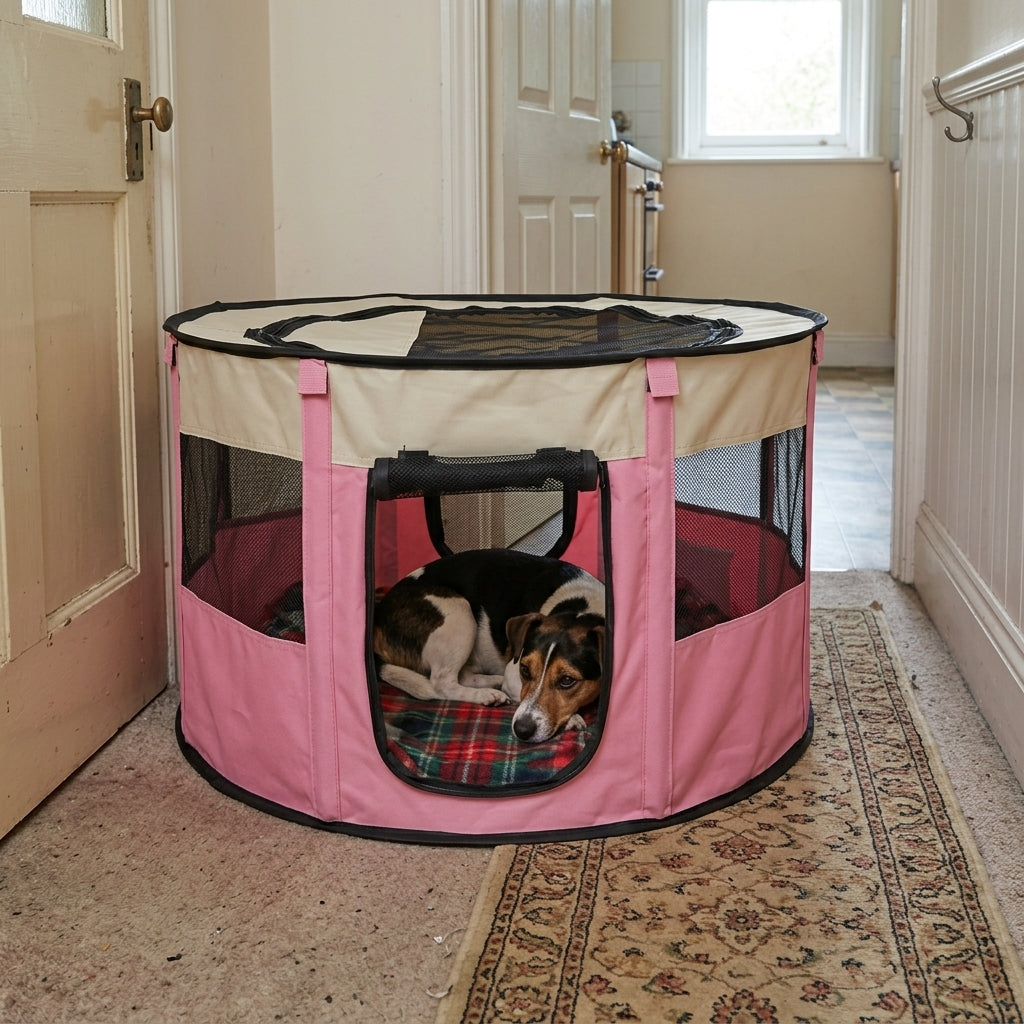 Dog Playpen with Top: Fabric dog playpen, folds flat with mesh top, in use