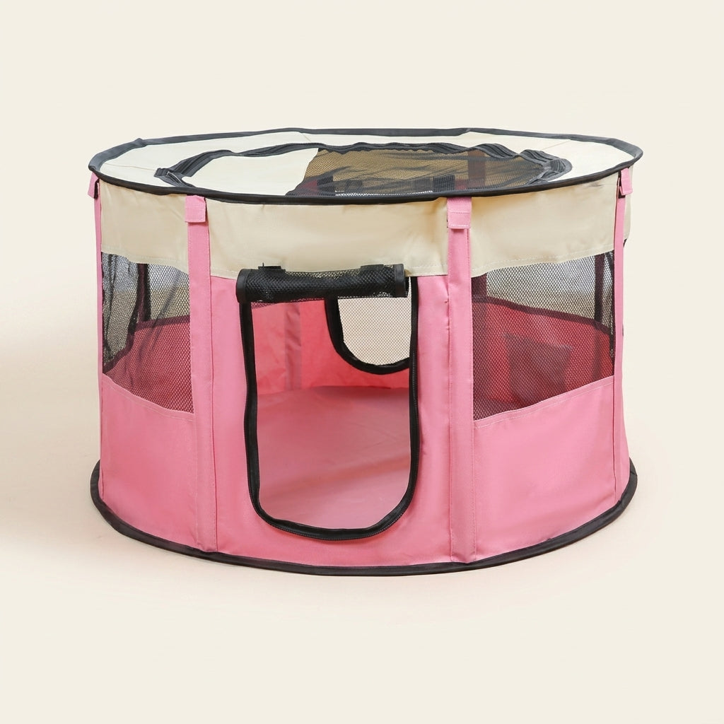 Fabric dog playpen, folds flat with mesh top, studio