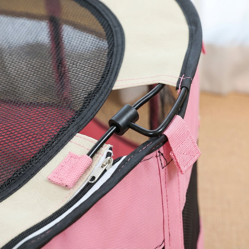 Fabric dog playpen, folds flat with mesh top, detail