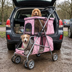 Folding dog stroller, four wheel with brake, in use