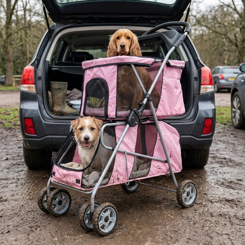Folding dog stroller, four wheel with brake, in use