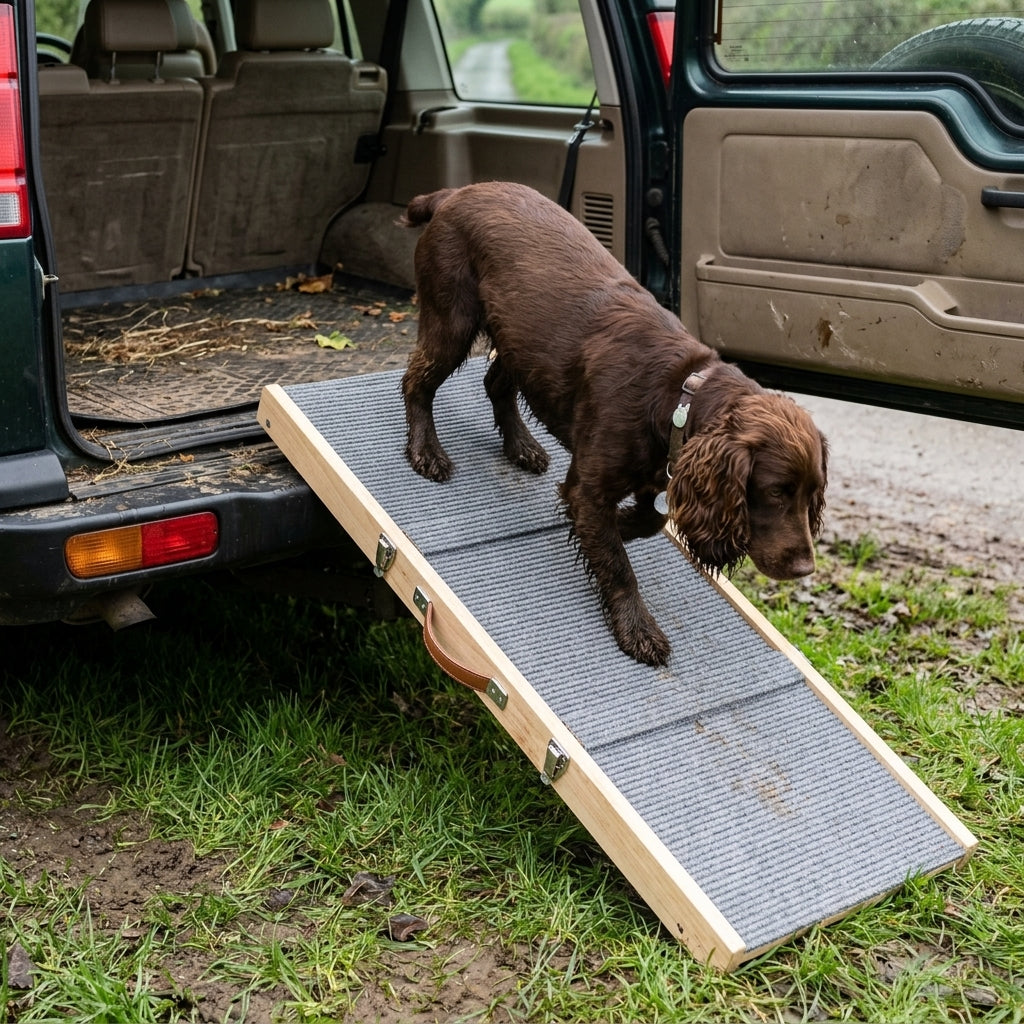 Dog Ramp Non Slip: Folding wooden dog ramp, carpeted non-slip surface, in use