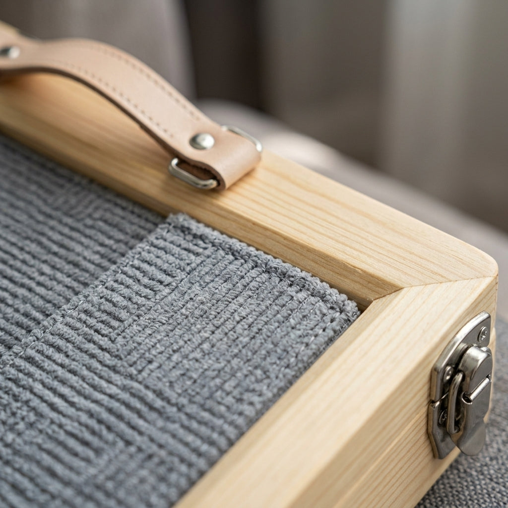 Folding wooden dog ramp, carpeted non-slip surface, detail