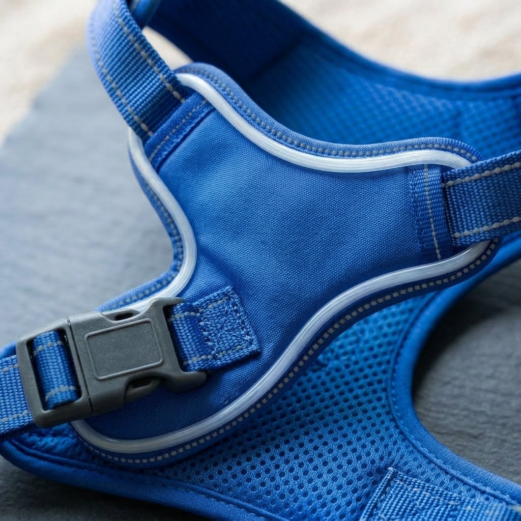 LED dog harness, illuminated light edging, adjustable quick release, Blue, detail