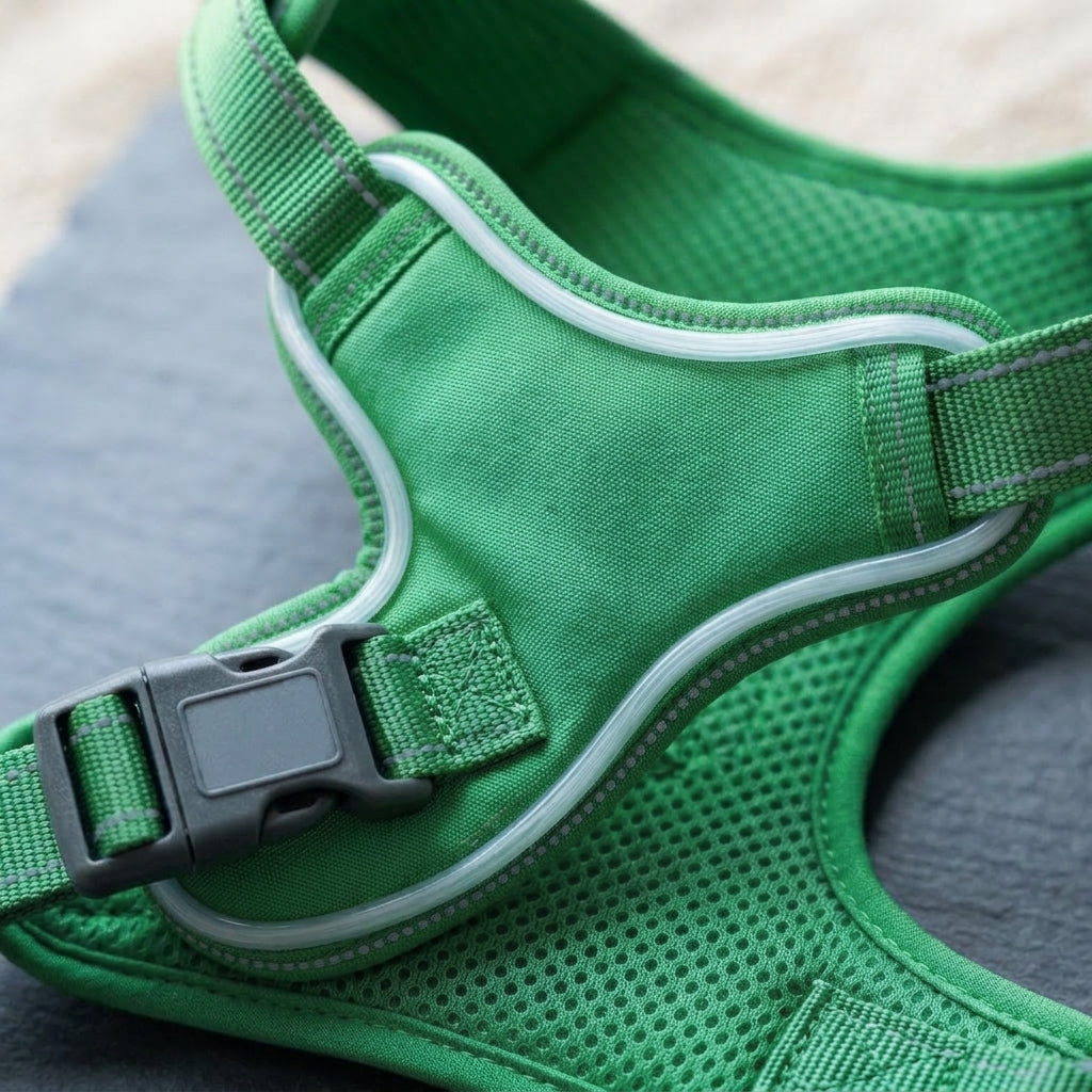 LED dog harness, illuminated light edging, adjustable quick release, Grass Green, detail