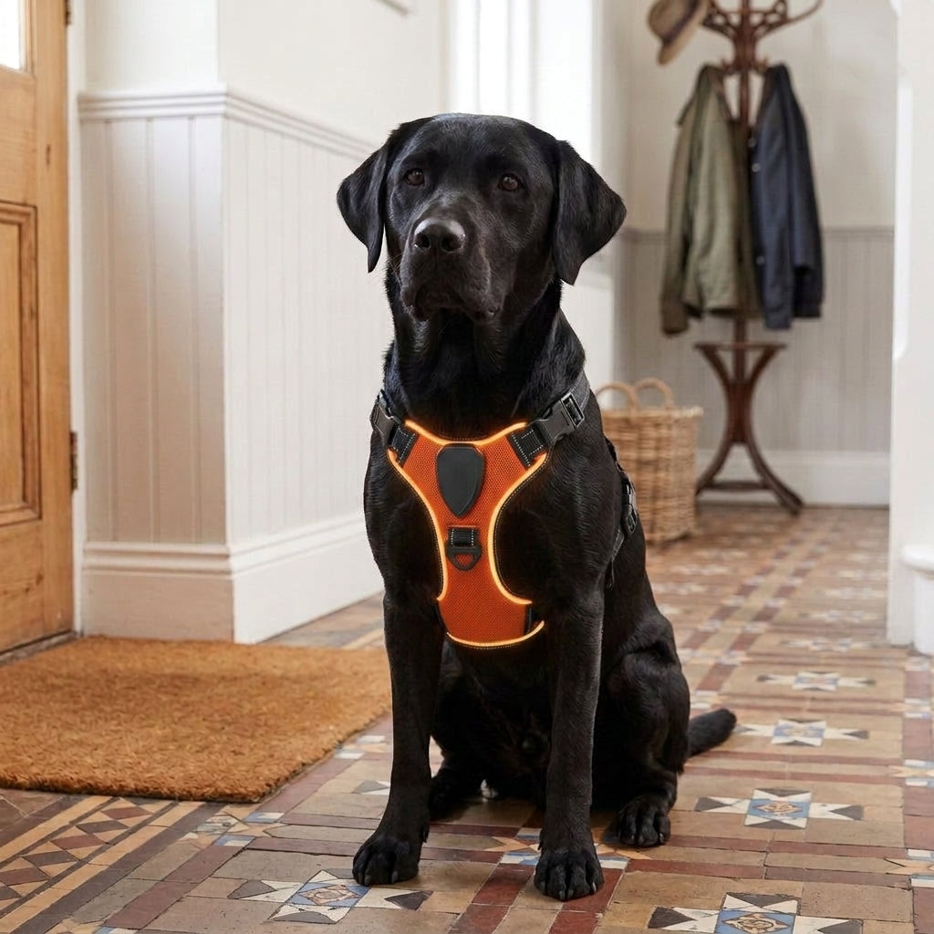LED dog harness, illuminated light edging, adjustable quick release, Orange
