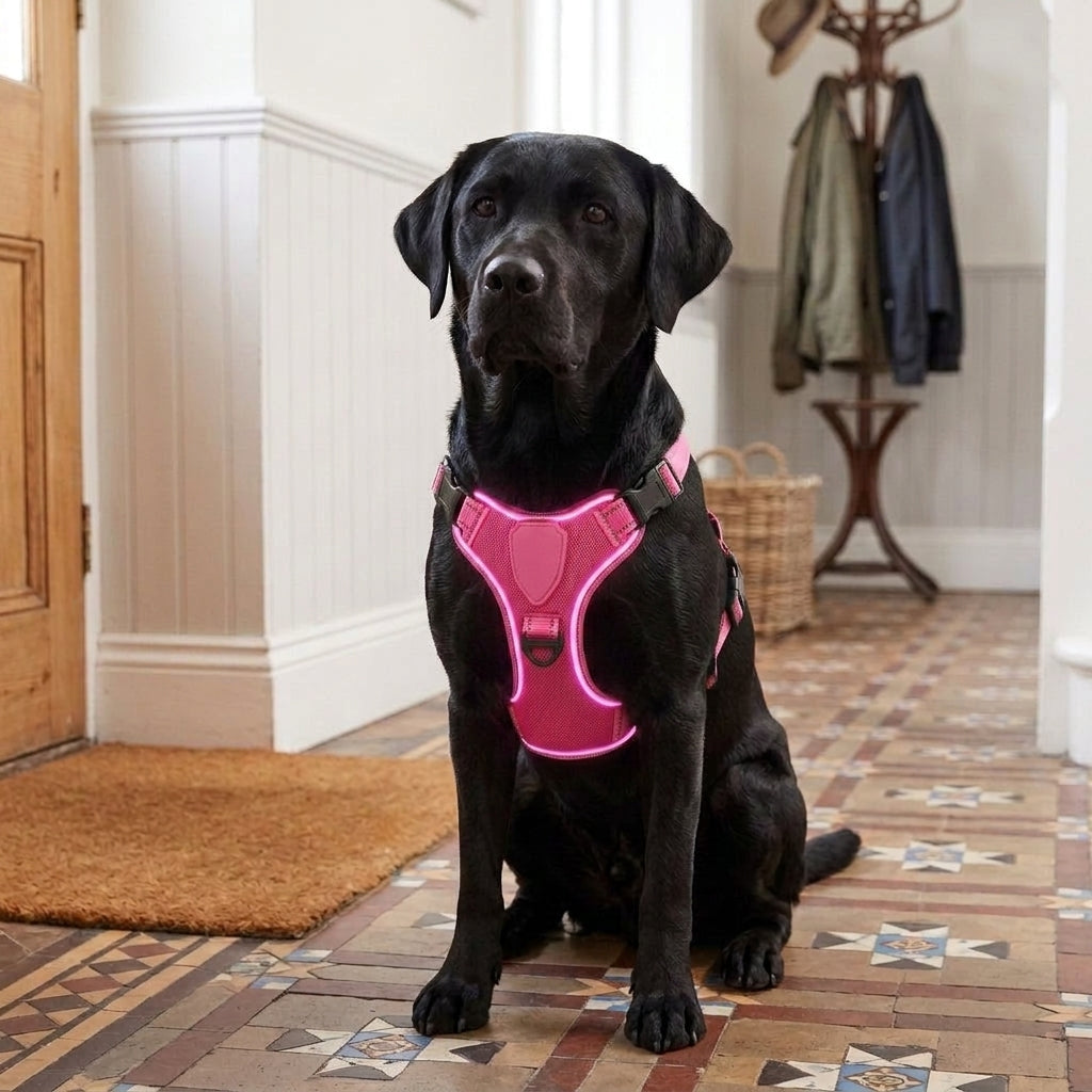 LED dog harness, illuminated light edging, adjustable quick release, Pink