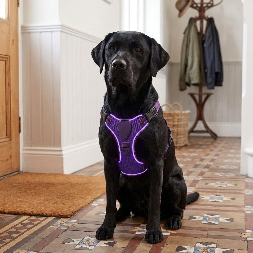 LED dog harness, illuminated light edging, adjustable quick release, Purple