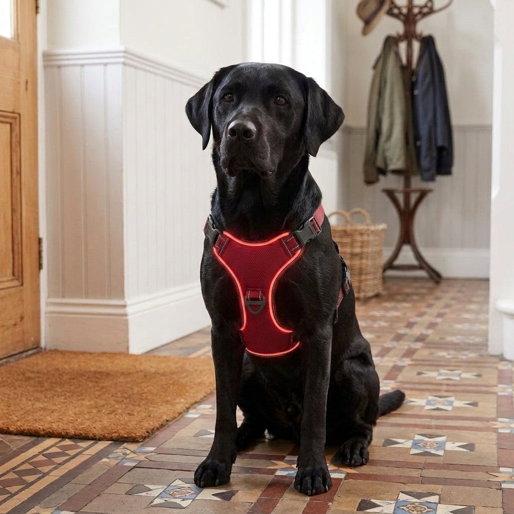 LED dog harness, illuminated light edging, adjustable quick release, Red