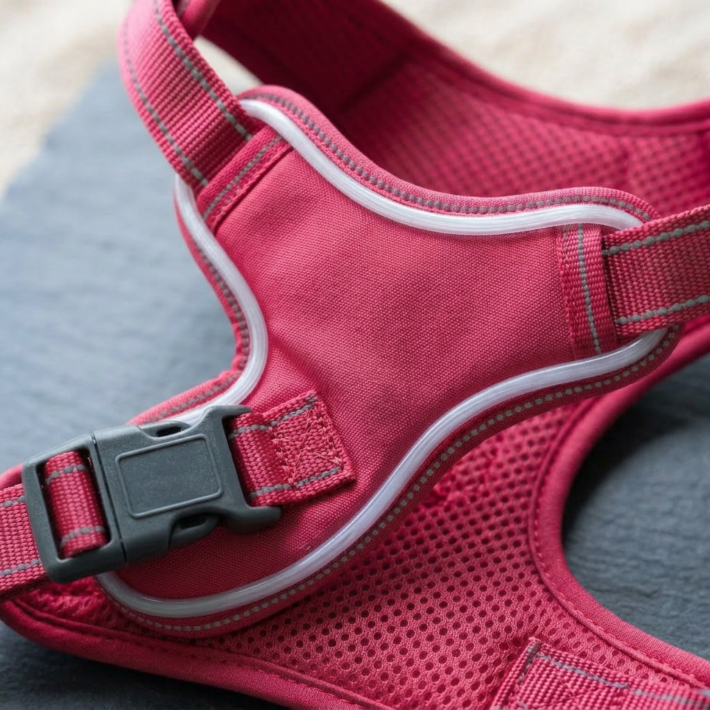 LED dog harness, illuminated light edging, adjustable quick release, Rose Red, detail
