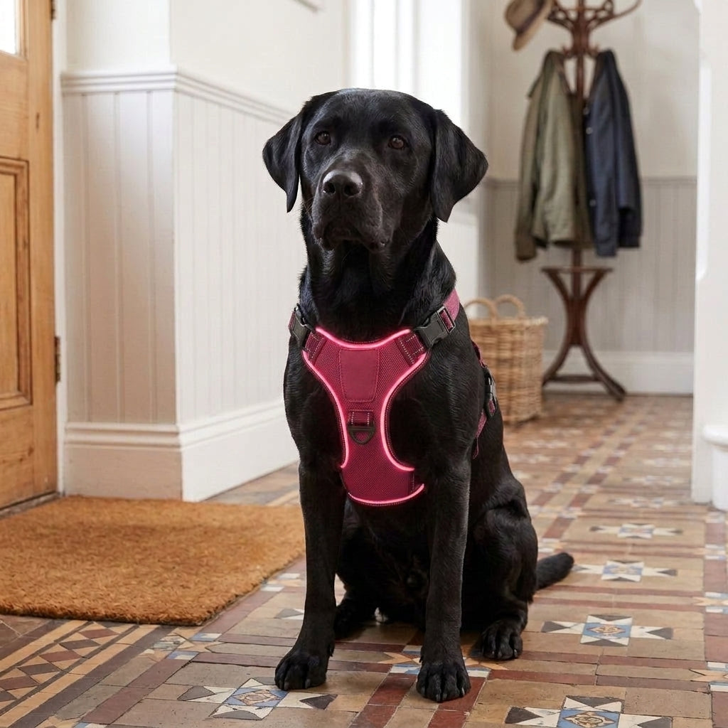 LED dog harness, illuminated light edging, adjustable quick release, Rose Red