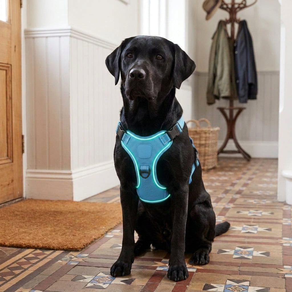 LED dog harness, illuminated light edging, adjustable quick release, Sky Blue