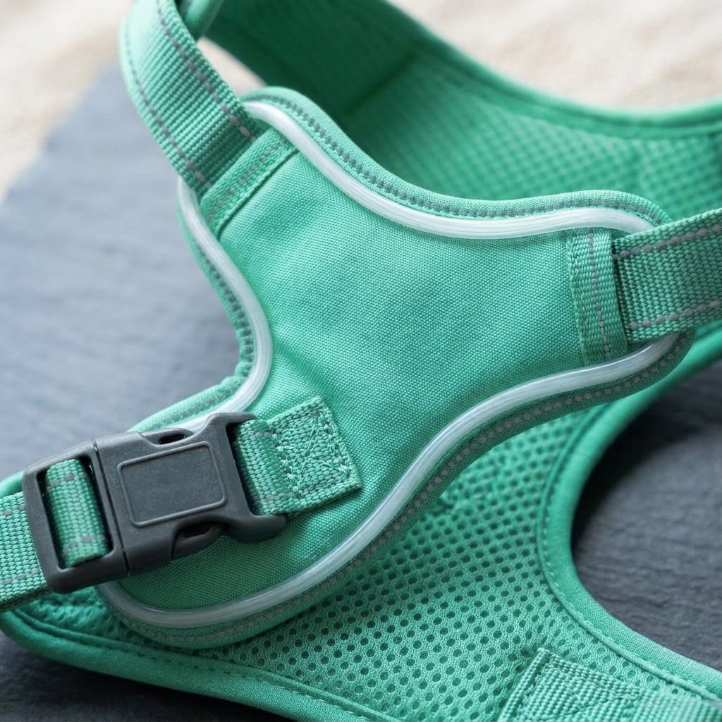 LED dog harness, illuminated light edging, adjustable quick release, Spearmint, detail