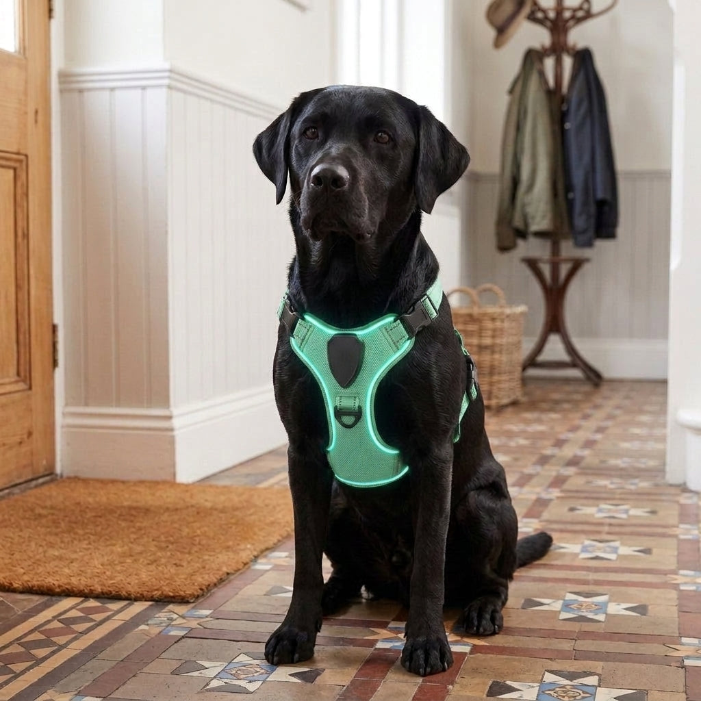 LED dog harness, illuminated light edging, adjustable quick release, Spearmint