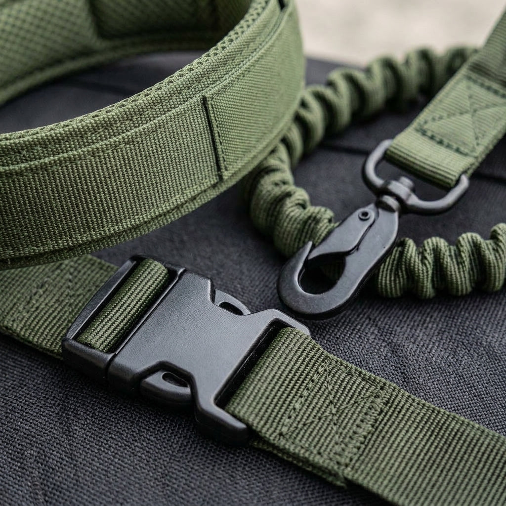 Dog collar and lead set, padded collar, shock absorbing bungee lead, Army Green, detail