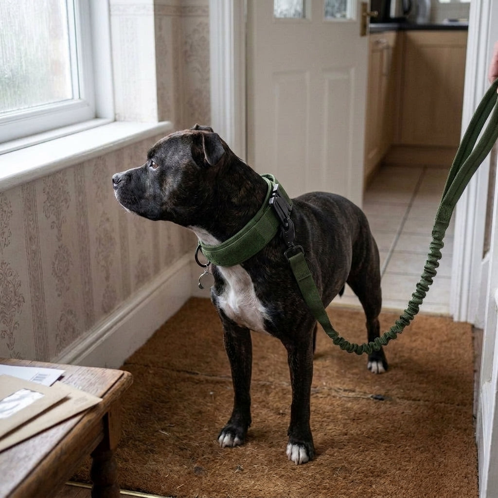 Dog Harness Lead and Collar Set: Dog collar and lead set, padded collar, shock absorbing bungee lead, Army Green