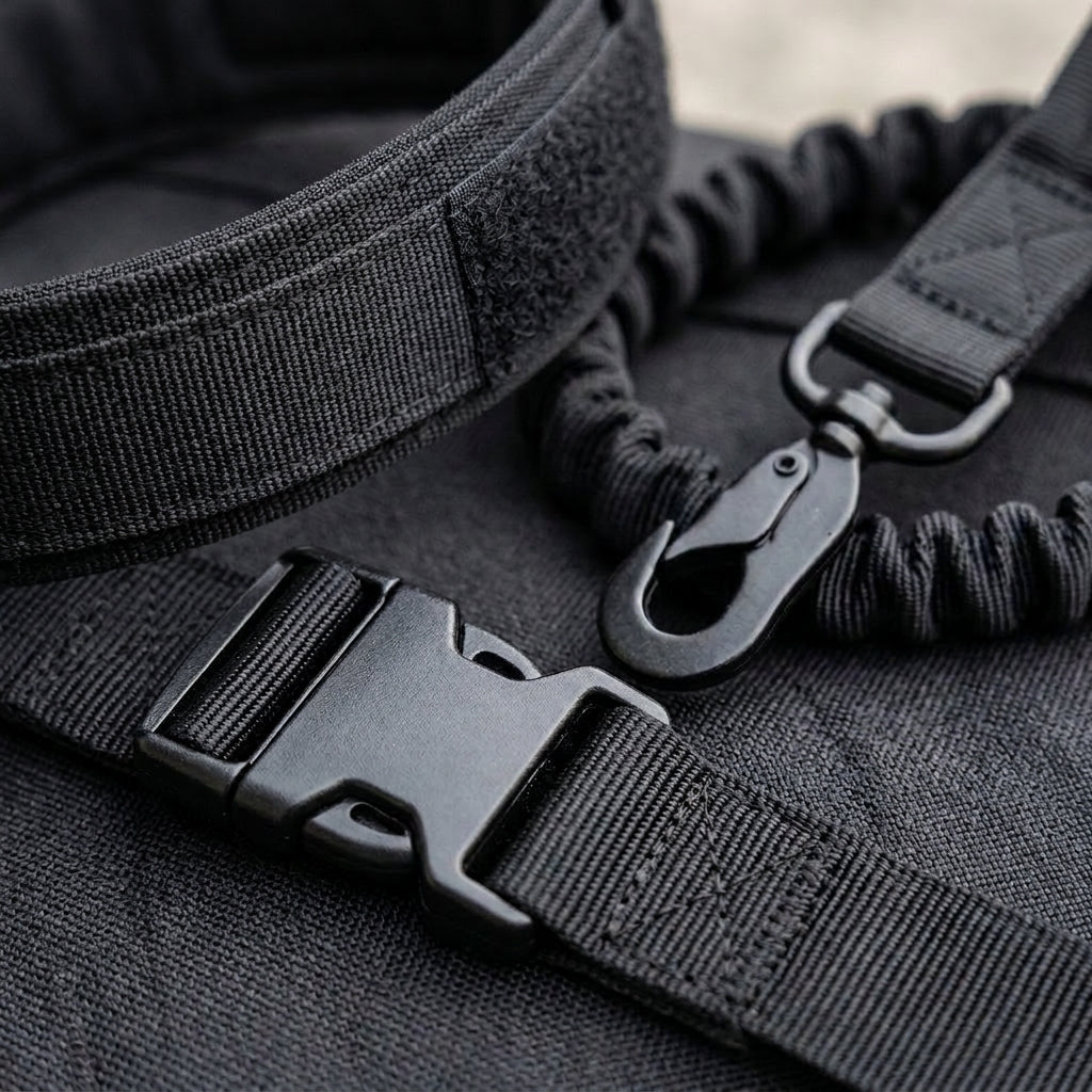Dog collar and lead set, padded collar, shock absorbing bungee lead, Black, detail