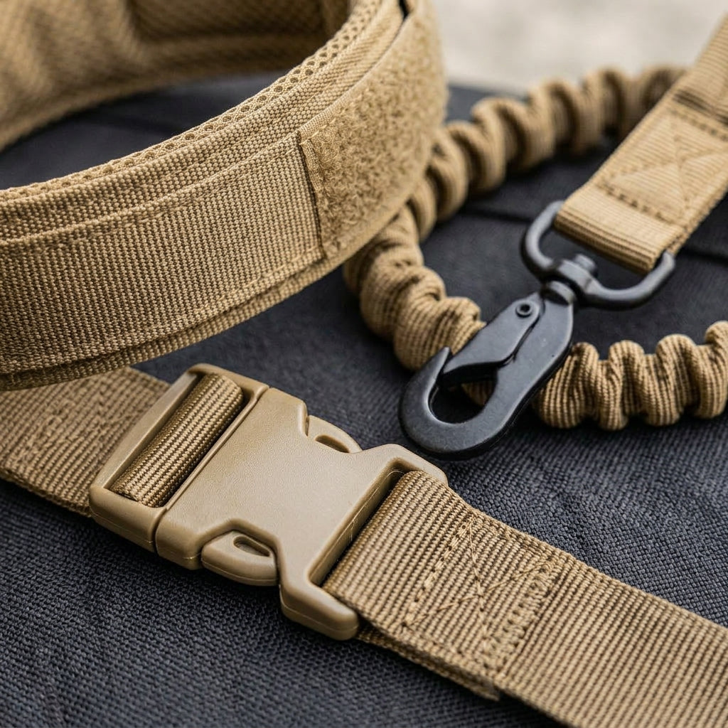 Dog collar and lead set, padded collar, shock absorbing bungee lead, Khaki, detail