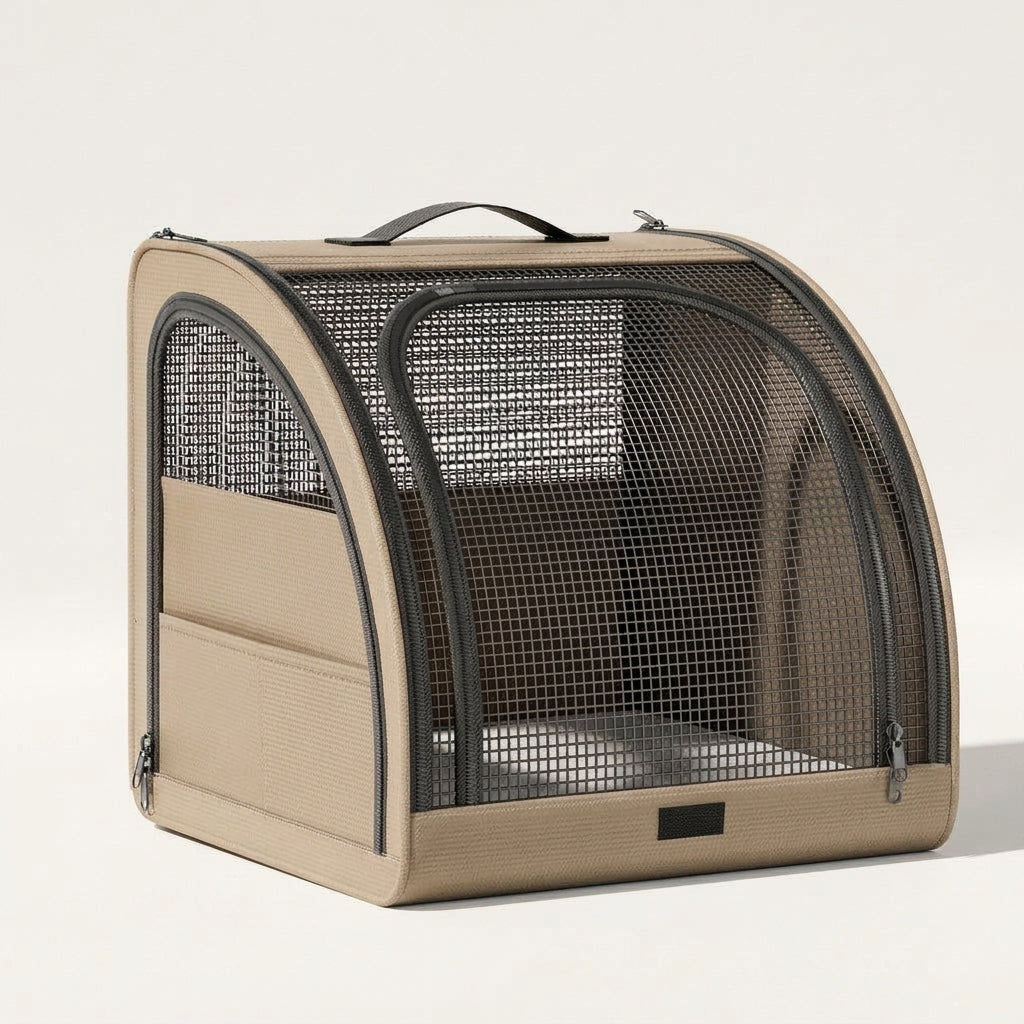 Mesh dog carrier, car travel carrier for small dogs, safety tether, Beige, studio