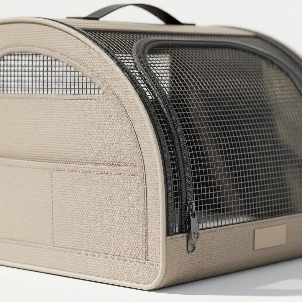 Mesh dog carrier, car travel carrier for small dogs, safety tether, Beige, detail