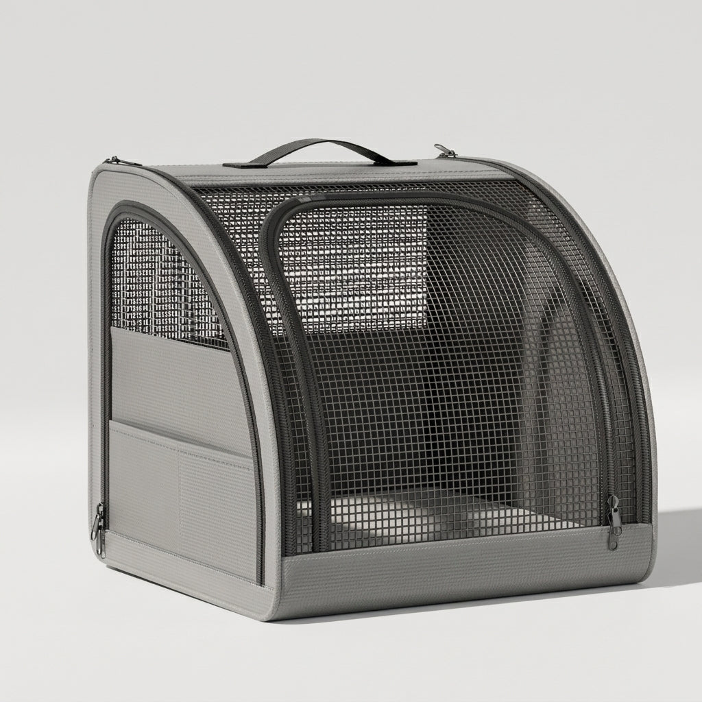 Mesh dog carrier, car travel carrier for small dogs, safety tether, Gray, studio