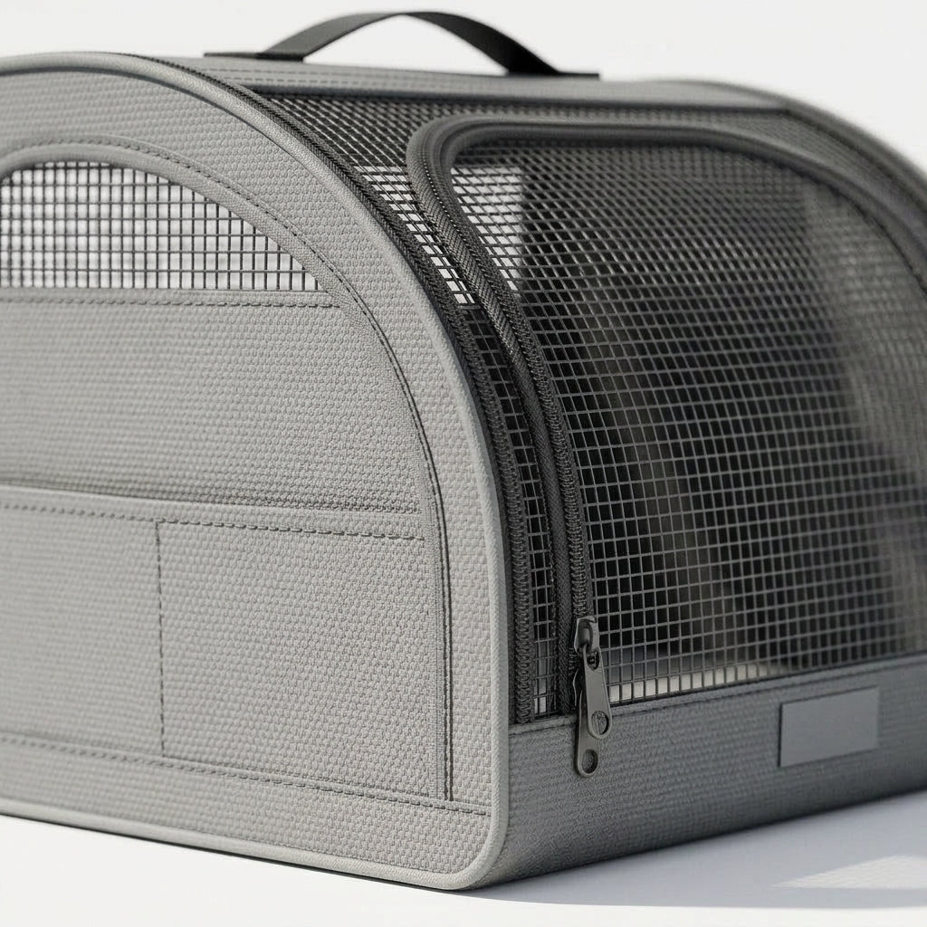 Mesh dog carrier, car travel carrier for small dogs, safety tether, Gray, detail