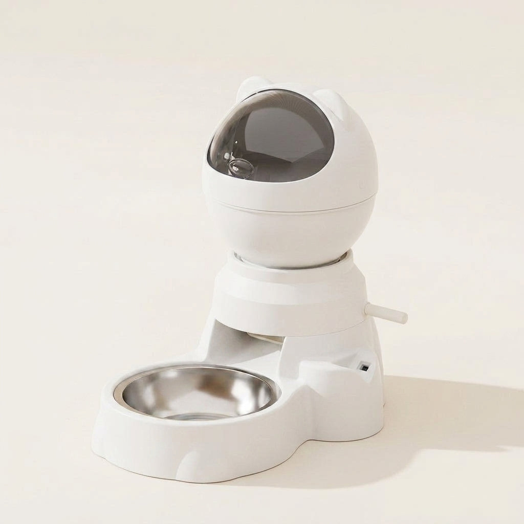 Slow feeder dog bowl, lever puzzle dispenser, stainless steel, Puzzle Pressing Style-White, studio