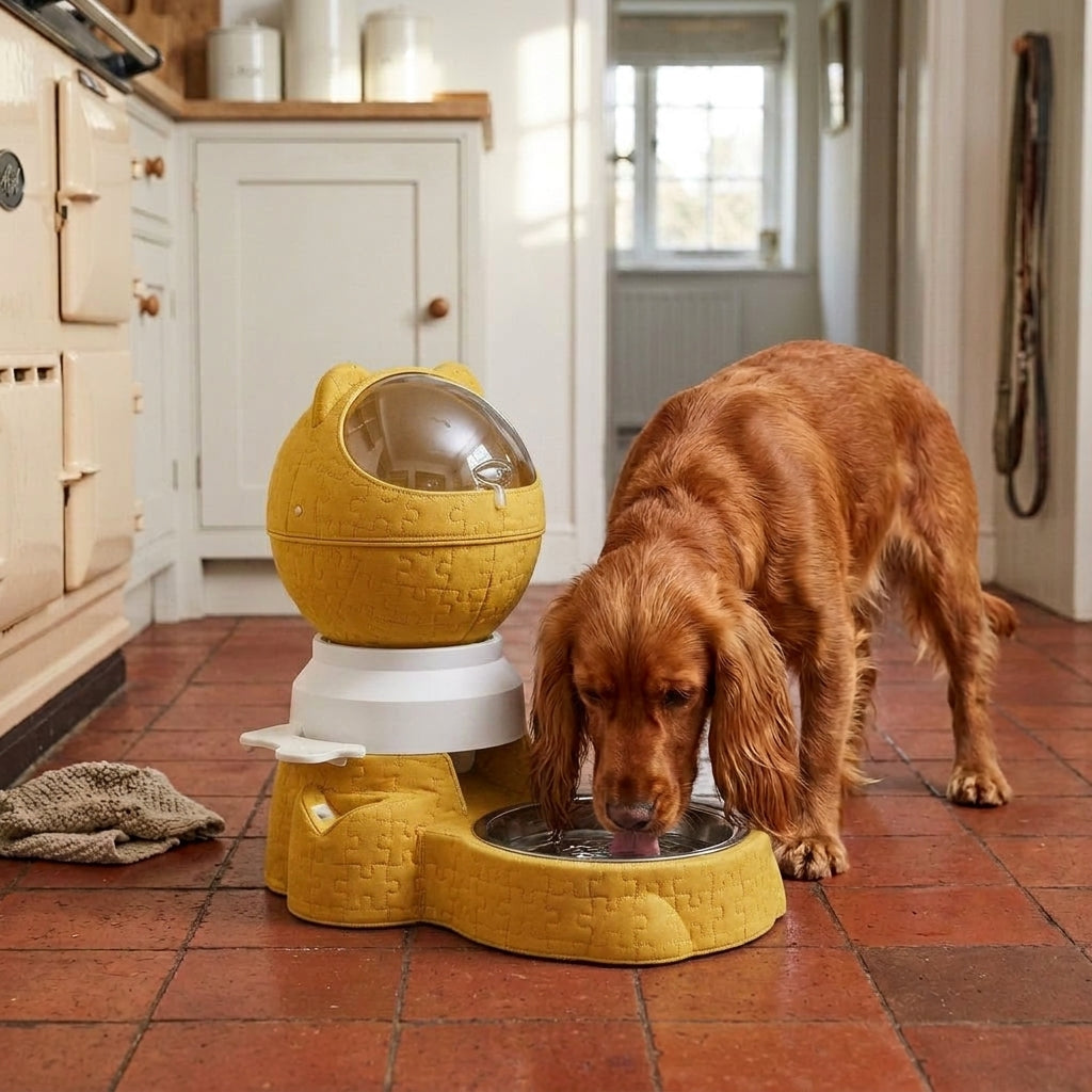 Slow feeder dog bowl, lever puzzle dispenser, stainless steel, Puzzle Pressing Style-Yellow