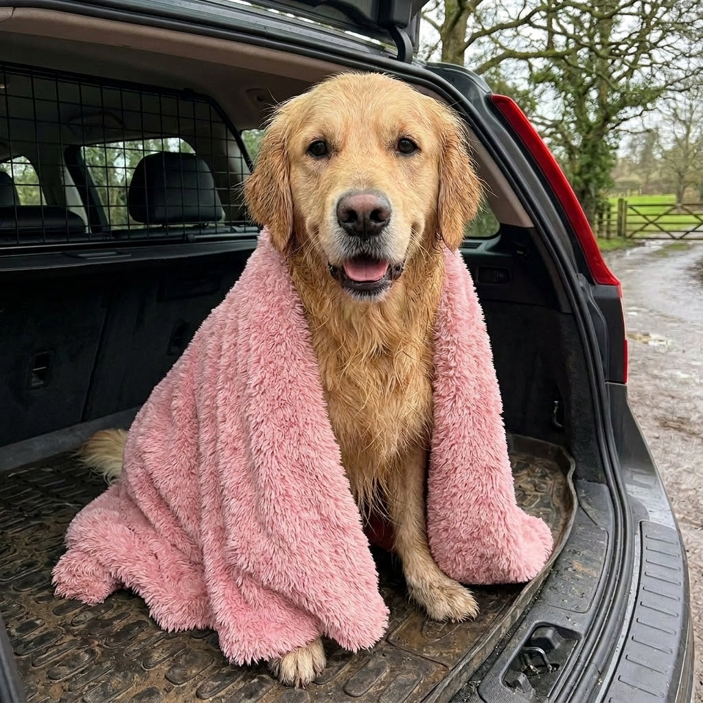 Dog drying towel, ultra absorbent microfibre, machine washable, Pink medium