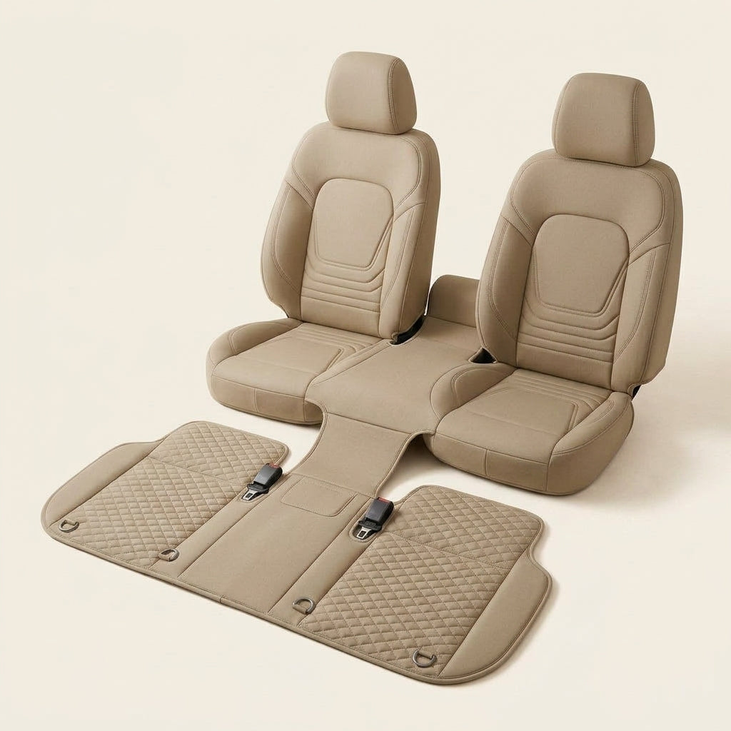 Dog car seat cover set, quilted with safety tether and washable liner, Beige-M Code, studio