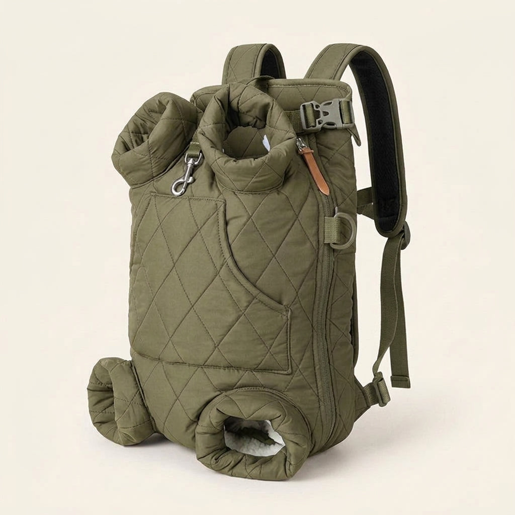 Dog backpack carrier, quilted padded chest pack with leg openings, Army Green, studio