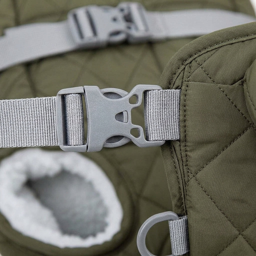 Dog backpack carrier, quilted padded chest pack with leg openings, Army Green, detail